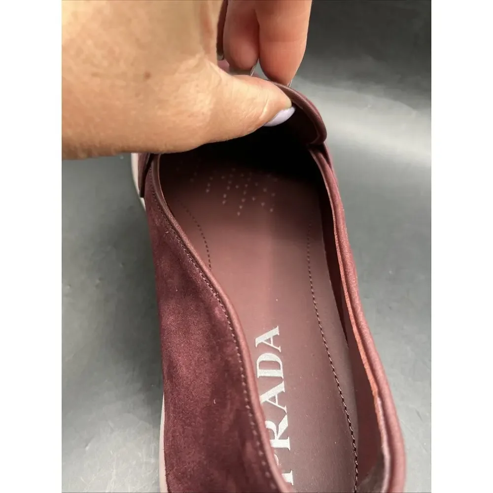 PRADA Suede Slip-On Loafers Logo Dress Shoes Men Prada Shoes Burgundy NWOTB READ